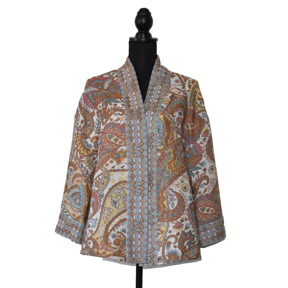 A5 NEW SOFT SURROUNDINGS Paisley Open Front Embroidered Trim Cardigan Size L